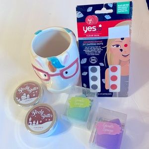 Unicorn mug, makeup sponges, body butter & zit dots